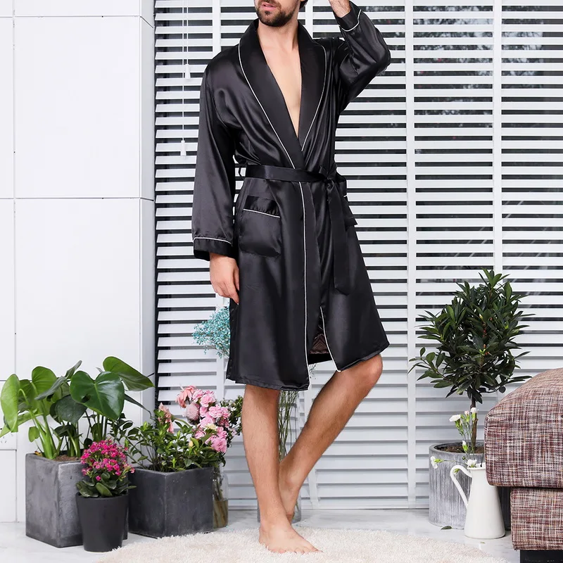 

2021 New Men Black Lounge Sleepwear Faux Silk Nightwear For Men Comfort Silky Bathrobes Noble Dressing Gown Men's Sleep Robes