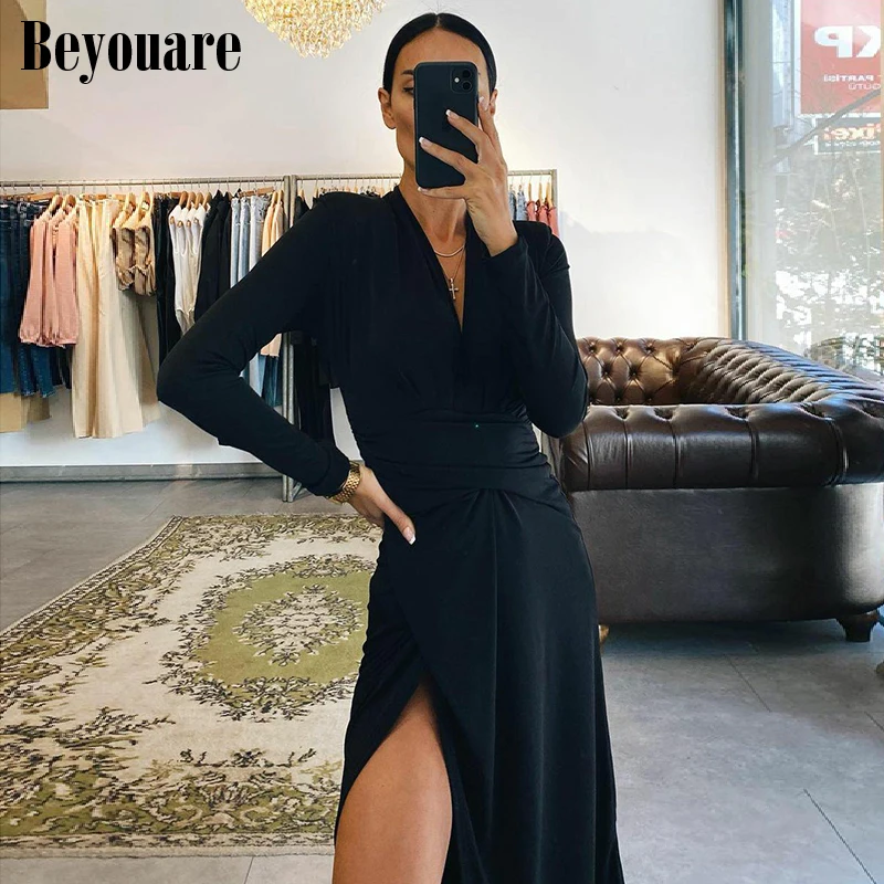 Beyouare Autumn Women's Dresses Sexy V Neck Full Sleeve Ruched Hem Split Slim Bodycon Midi Dress Black Party Elegant Streetwear
Beyouare Autumn Women's Dresses Sexy V Neck Full Sleeve Ruched Hem Split Slim Bodycon Midi Dress Black Party Elegant Streetwear