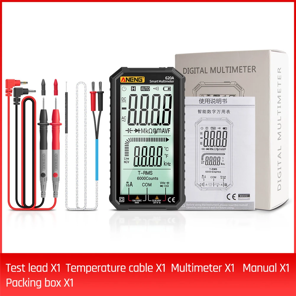 ANENG 620A Digital Multimeter True-RMS Auto-Ranging AC/DC Volt Ohm Capacitance Continuity Temperature Frequency Meter NCV Tester
ANENG 620A Digital Multimeter True-RMS Auto-Ranging AC/DC Volt Ohm Capacitance Continuity Temperature Frequency Meter NCV Tester