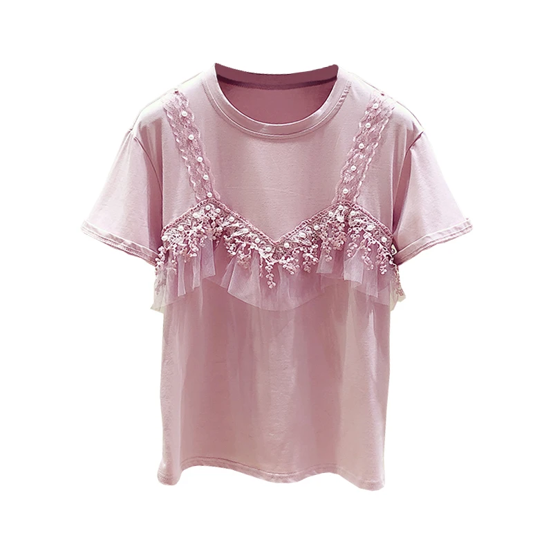 Summer New Lace T-shirts for Women Solid Patchwork Fashion All Match Beaded O-neck Short Sleeved Top Tees Outwear Tops
Summer New Lace T-shirts for Women Solid Patchwork Fashion All Match Beaded O-neck Short Sleeved Top Tees Outwear Tops