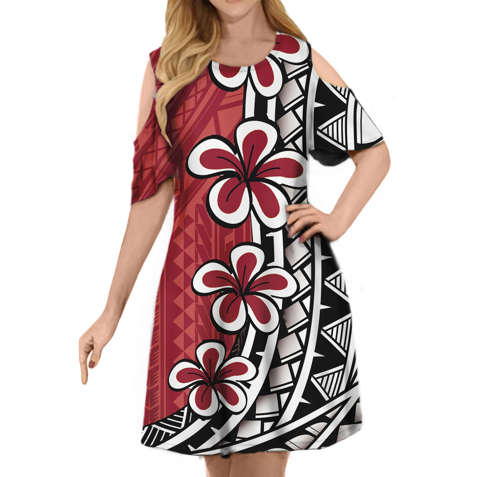 

Polynesian Tattoo Summer Dress Women Short Sleeve Flroal Printed Party High Short Midi Dresses Hawaii Sexy Vestidos Sundress