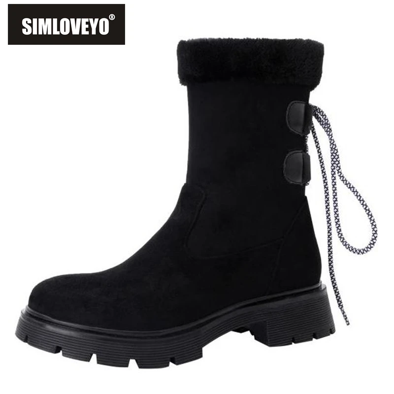 

SIMLOVEYO Woman's Snow Boots buty zimowe damskie Round Toe Flat Heels Flock Slip-on Bowtie Big Size 33-43 Retro Warm Plush S2669