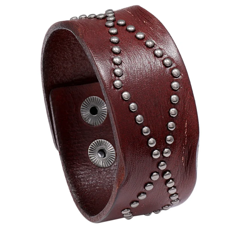 

Genuine Leather Material Vintage Rivet Bracelet Punk Men Jewelry Wide Wrap Layer Bangle Geometric Cuff Jewelry Pulsera Hombre