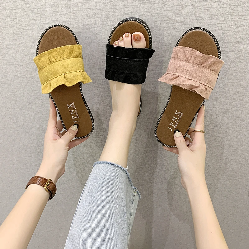 Pure Color Casual Women's Slippers Summer Open-toe Fashion Simple Lace Upper Trend Flat-bottomed Women's Slippers 2021 
Pure Color Casual Women's Slippers Summer Open-toe Fashion Simple Lace Upper Trend Flat-bottomed Women's Slippers 2021