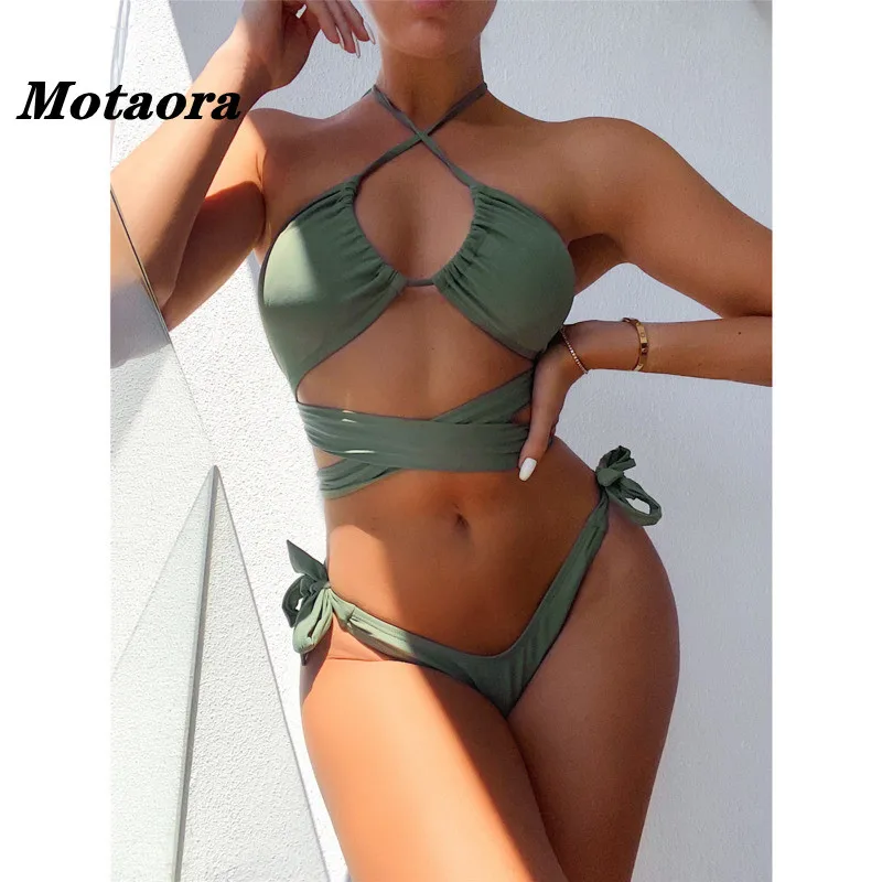 Sexy Bandage Female Swimsuit New Two Pieces Bathing Suit Middle Waist Biquini Solid Color Bikini Halter Brazilian Swimwear Women 
Sexy Bandage Female Swimsuit New Two Pieces Bathing Suit Middle Waist Biquini Solid Color Bikini Halter Brazilian Swimwear Women
