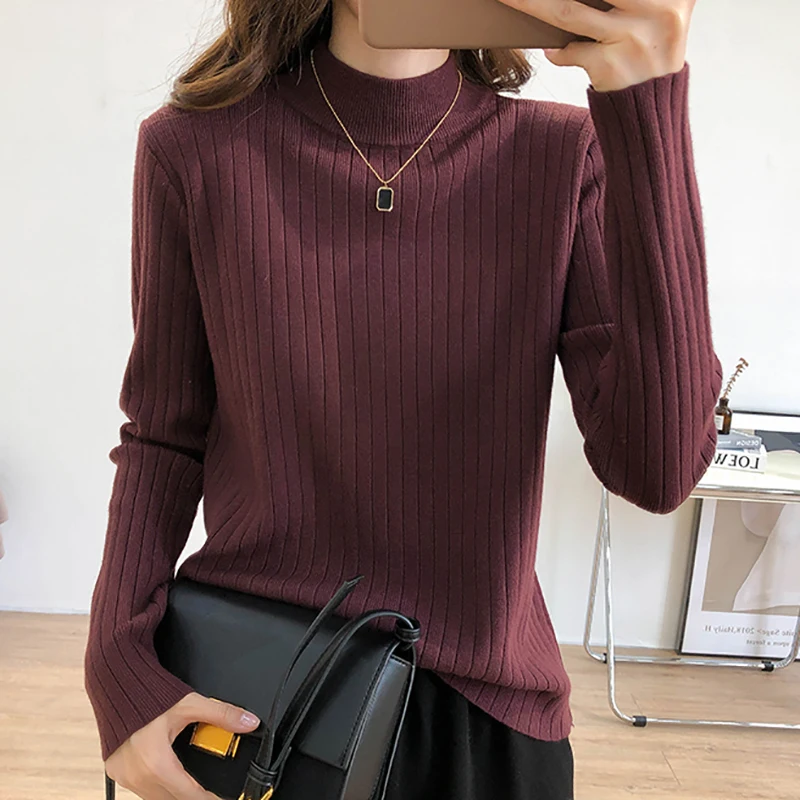 

2021 Knitted Mock Neck Pullover Women Sweater Autumn Winter Casual Solid Warm Jumpers Slim Elasticity Ribbed Sweaters Pull Femme