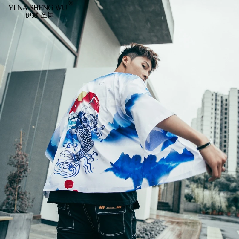 Streetwear Cardigan Cape Haori Kimono Jacket White Blue Traditional Top Beach Coat Print Japanese Harajuku Women Men Style Fish 
Streetwear Cardigan Cape Haori Kimono Jacket White Blue Traditional Top Beach Coat Print Japanese Harajuku Women Men Style Fish