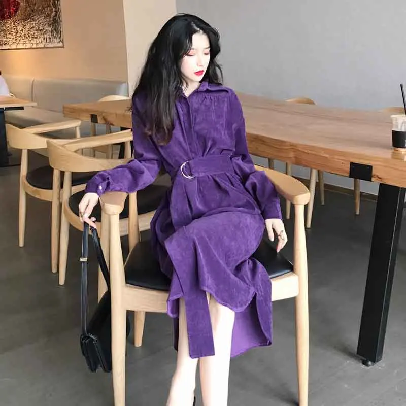 New Retro Women Corduroy Solid Dress 2020 New Autumn Winter Female High Waist Turn Down Collar A-Line Casual Dresses With Sashes
New Retro Women Corduroy Solid Dress 2020 New Autumn Winter Female High Waist Turn Down Collar A-Line Casual Dresses With Sashes