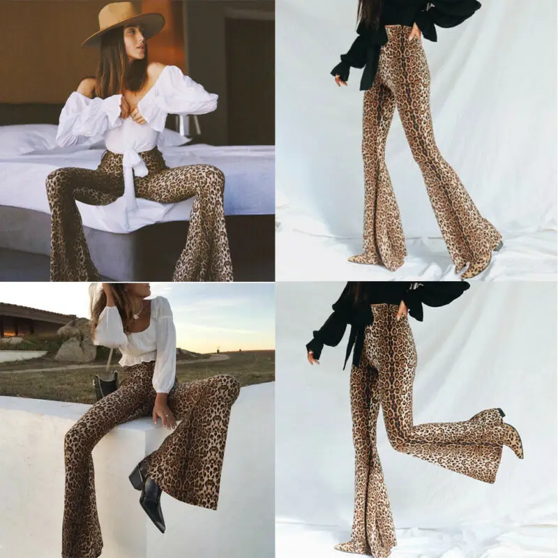 Модные женские длинные брюки с высокой талией в стиле леопарда широкие OL