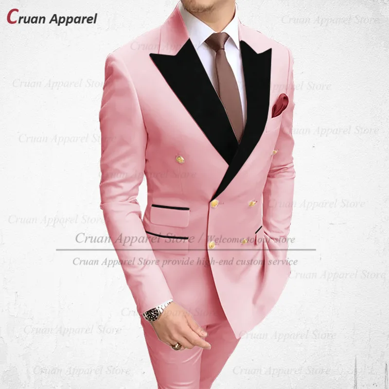 

Tailor-made Formal Pink Mens Wedding Suits Set Slim Fit Double Breasted Groomsmen Groom Tuxedo Peak Lapel Jacket with Pants 2Pcs