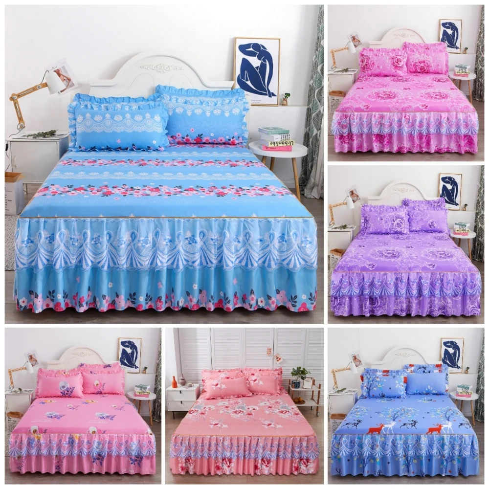 

Flower Print Ruffled Bedding Set,Pillowcases Set Lace Flower Print Bed Skirt Set 1.2m 1.5m 1.8m 2.0m Bed Cover