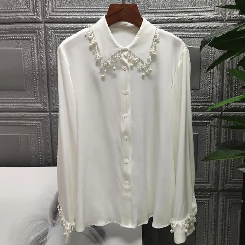 

2021 Spring Autumn White Lapel Shirt Loose Pearl Beads Tassel Women's Long Sleeve Solid Women's Blouses Femme Camisetas w71