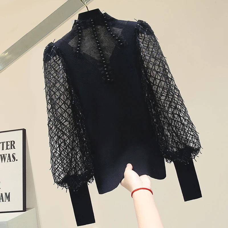 Turtleneck Pullover for Women Mesh Sequins Lantern Sleeve Knitted Tops 2021 Spring Winter Clothing Black Sweaters Student jumper
Turtleneck Pullover for Women Mesh Sequins Lantern Sleeve Knitted Tops 2021 Spring Winter Clothing Black Sweaters Student jumper