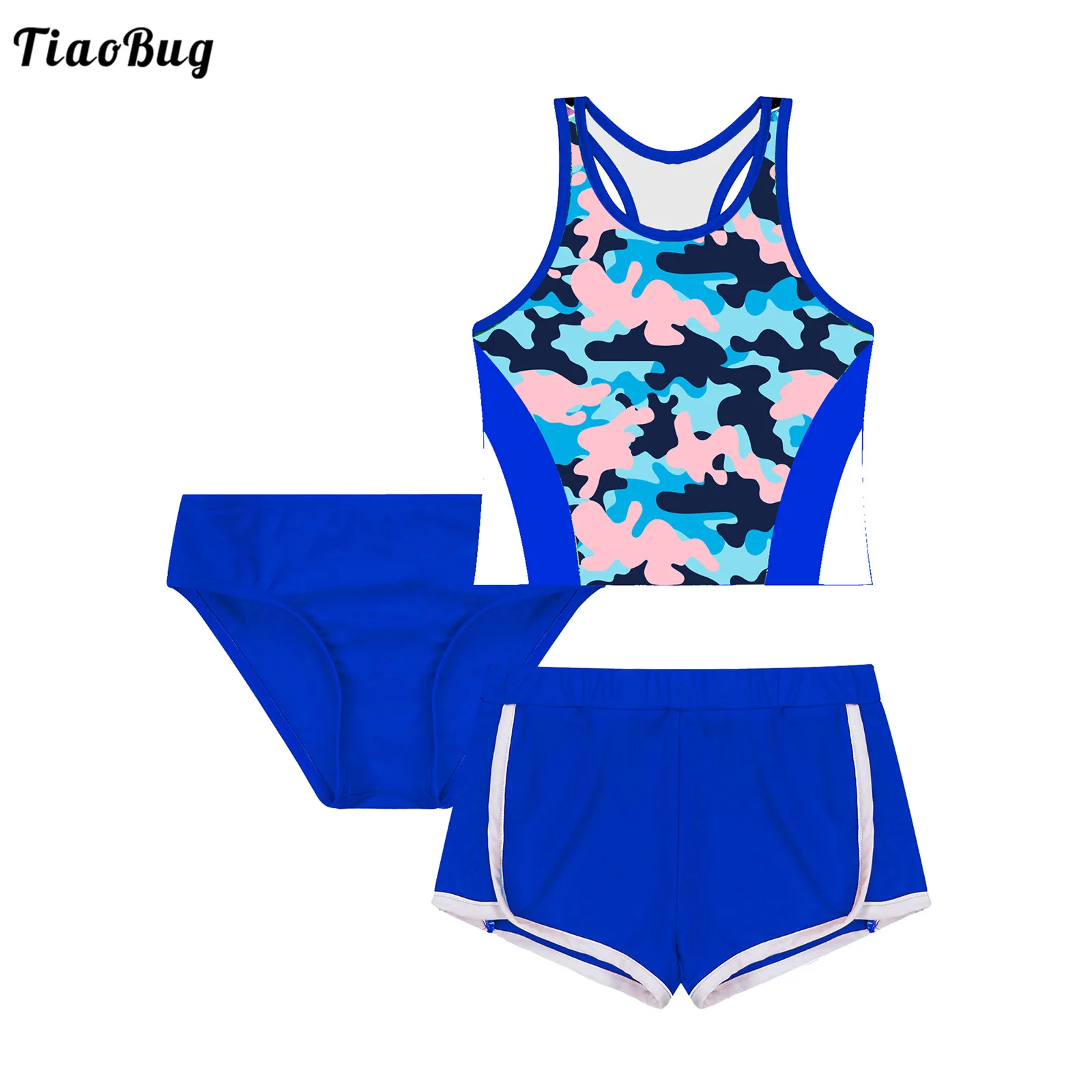 

TiaoBug Summer 3Pcs Kids Girls Floral Print Swimsuit Round Neck Sleeveless Racer Back Vest With Briefs And Shorts Tankini Sets