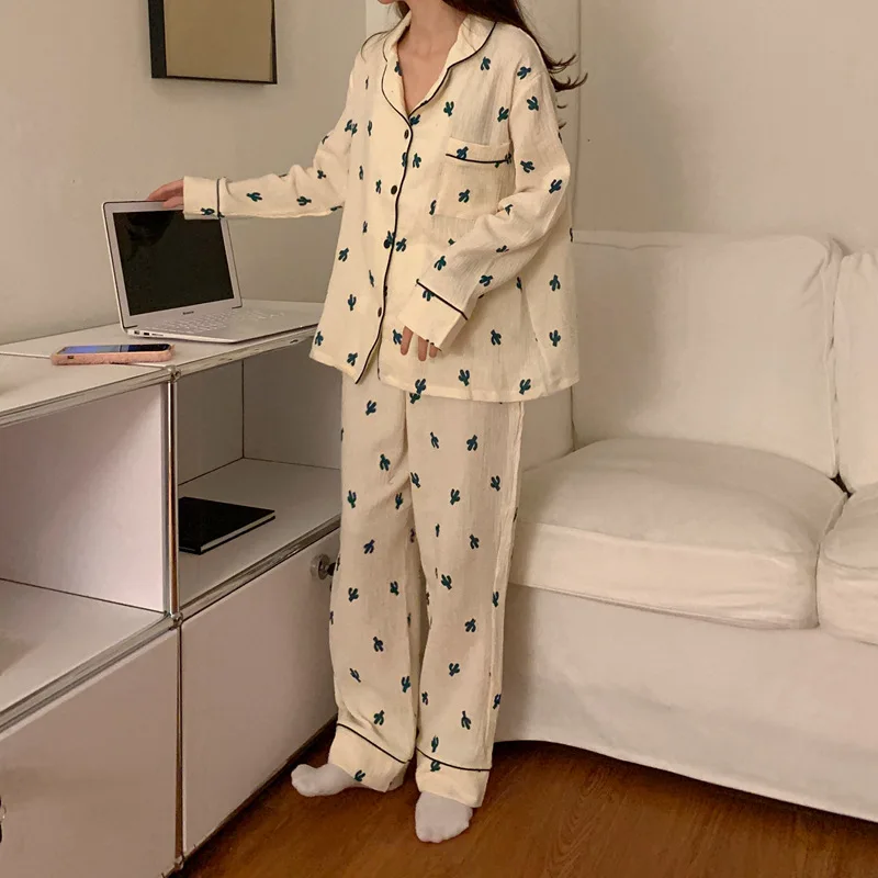 

New Crepe Cotton Cactus Printing Pajamas Long Sleeve Trousers Pajama Set Loungewear Women Sleepwear Loose Sleepwear Home Clothes