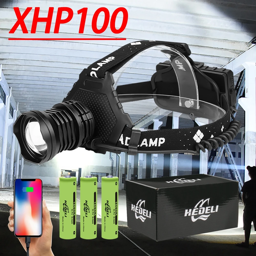 Фото 1000000LM супер мощный перезаряжаемый налобный фонарь 18650 Xhp100 светодиодная фара Usb Xhp90