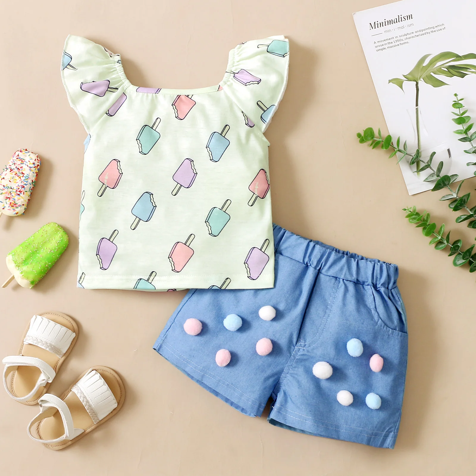Kids Girl 2Pcs Summer Clothes Set Popsicle Print Fly Sleeve Square Collar Pullover Solid Color Shorts with Pom Poms Pockets
Kids Girl 2Pcs Summer Clothes Set Popsicle Print Fly Sleeve Square Collar Pullover Solid Color Shorts with Pom Poms Pockets
