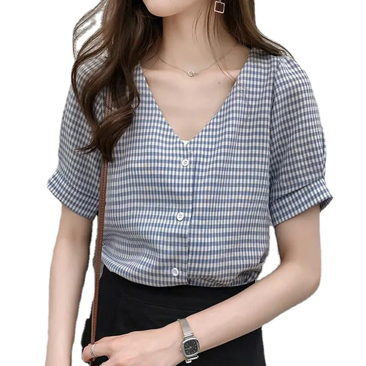 2021 summer new small fresh V-neck Plaid Shirt women's short top loose show thin temperamentshirt
2021 summer new small fresh V-neck Plaid Shirt women's short top loose show thin temperamentshirt