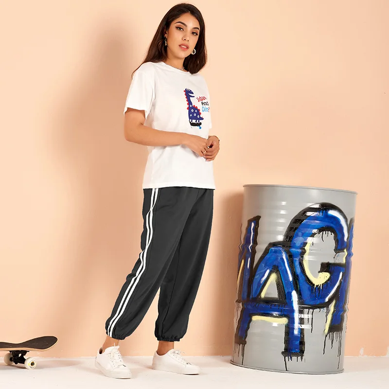 Women's Tracksuit Summer Trouser Suit Loose Cute Letter Dinosaur Print Stretchable White T-shirt Black Casual 2 Pieces Pant Set
Women's Tracksuit Summer Trouser Suit Loose Cute Letter Dinosaur Print Stretchable White T-shirt Black Casual 2 Pieces Pant Set
