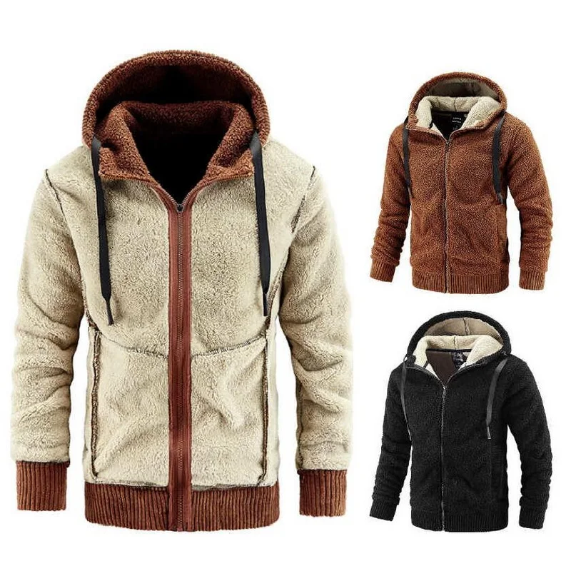 

Mens Winter Fleece Jackets Fashion Hooded Jacket Cardigan Outerwear Warm Lamb Wool Coat Mountaineering Ski Suit