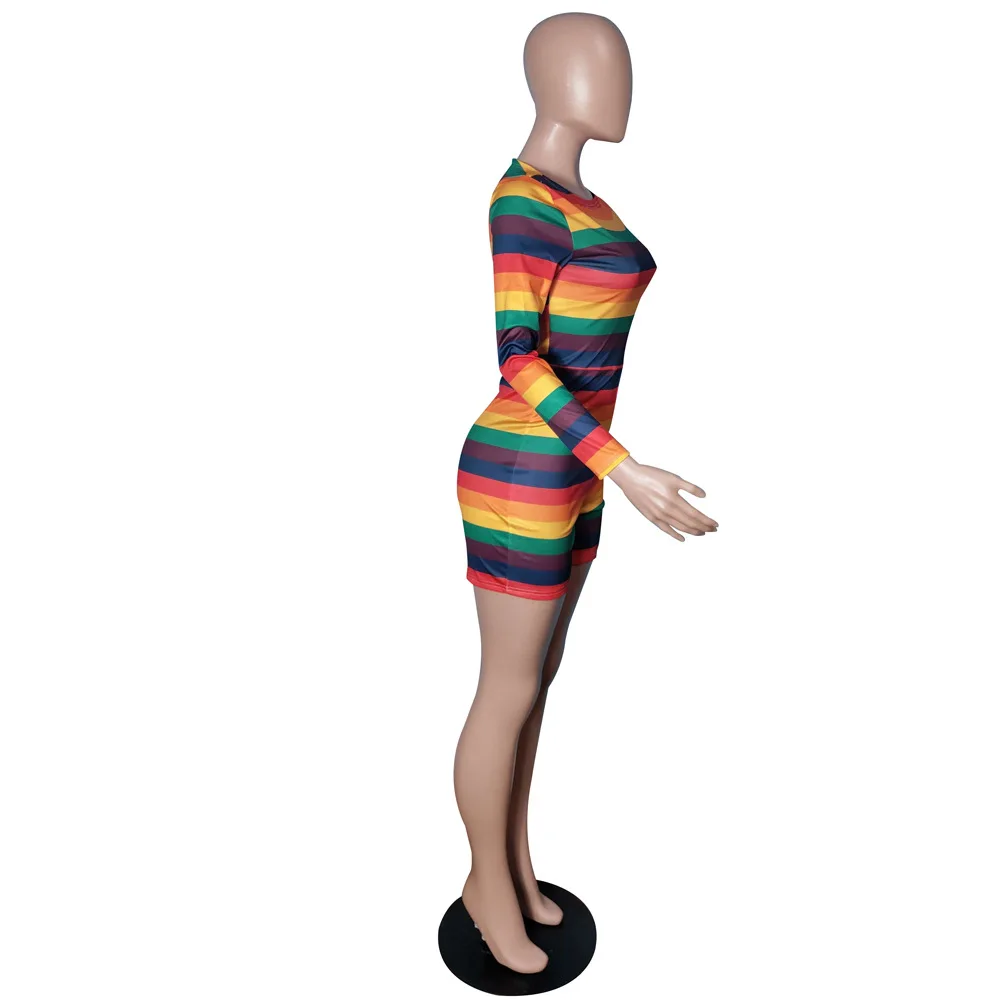 2020 autumn sexy women long sleeve o-neck striped short jumpsuit