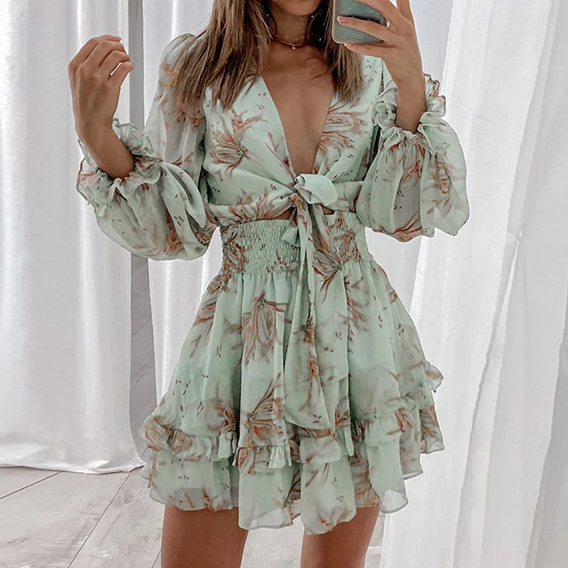 Women's Spring V Neck Chiffon Print Dress Bow Self Tie Front Ruffle Dress Feminine Short A Line Party 2021
Women's Spring V Neck Chiffon Print Dress Bow Self Tie Front Ruffle Dress Feminine Short A Line Party 2021