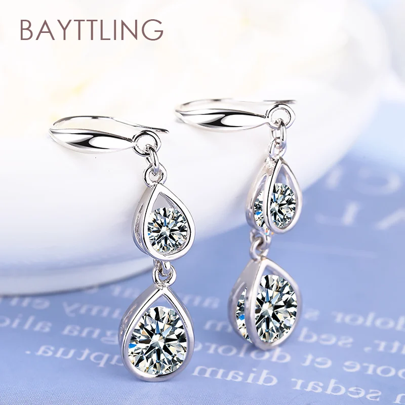 

BAYTTLING 925 Sterling Silver 36MM Shiny Zircon Water Drop Earrings For Woman Fashion Glamour Jewelry Party Gift