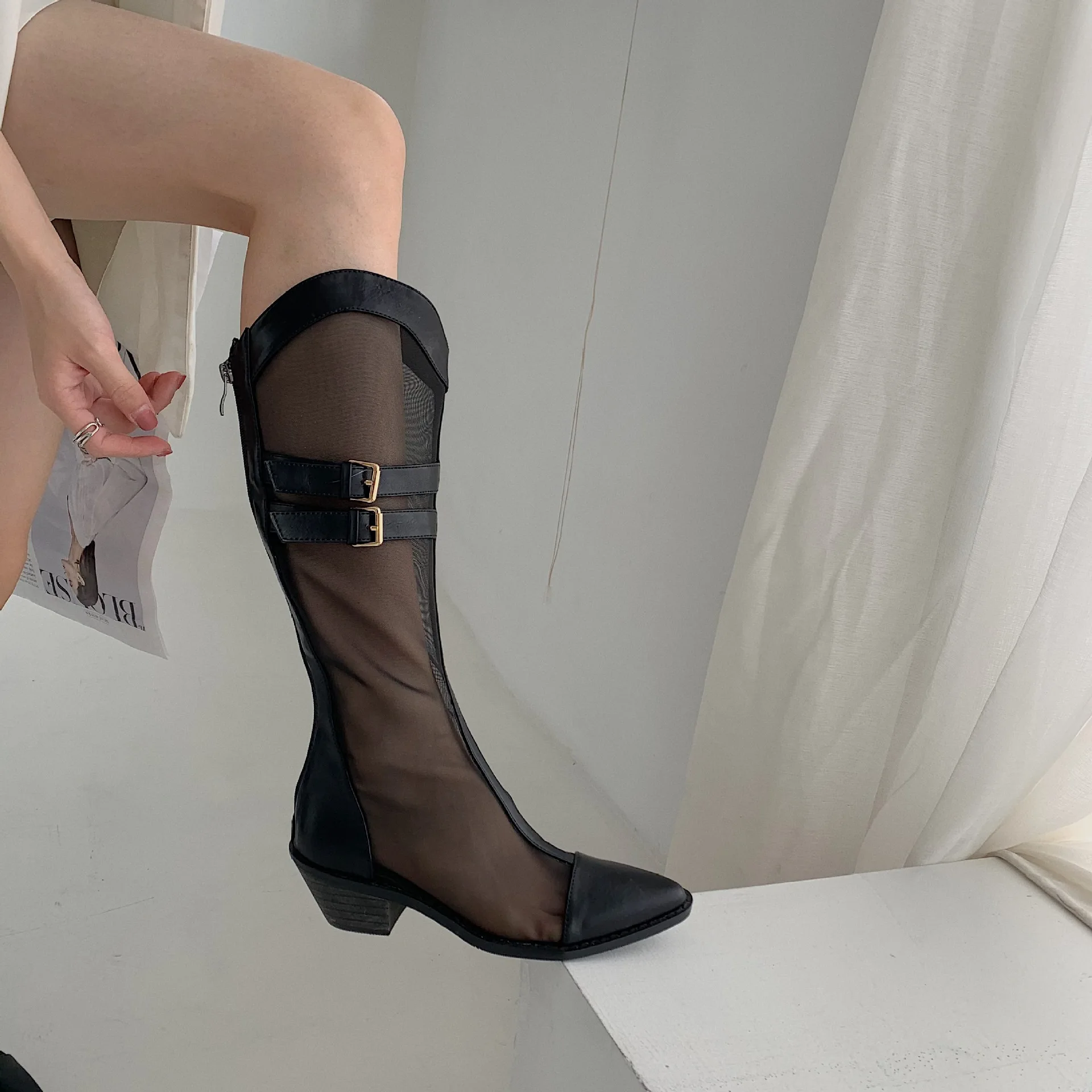 New Style Women's Shoes Breathable Pointed Toe Thick Heel Mesh Summer Boots Knee High Boots Botas Mujer Chaussures Femme 
New Style Women's Shoes Breathable Pointed Toe Thick Heel Mesh Summer Boots Knee High Boots Botas Mujer Chaussures Femme