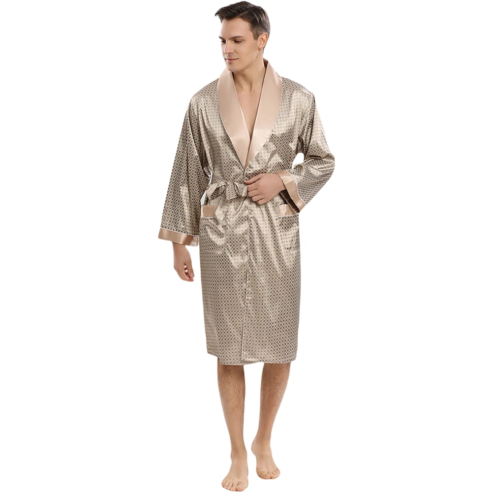 

Мужская одежда для сна, мужские халаты, шелковая ночная рубашка с длинным рукавом, мужской халат, домашний банный халат, халат с геометричес...