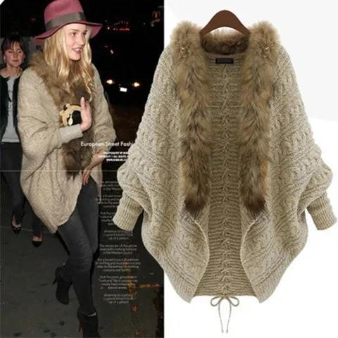 Ladies Sweater Autumn Winter Women Big Fur Collar Batwing Sleeve Loose Knitted Cape Cardigan Jacket Coat Cloak Sweater Shawl
Ladies Sweater Autumn Winter Women Big Fur Collar Batwing Sleeve Loose Knitted Cape Cardigan Jacket Coat Cloak Sweater Shawl