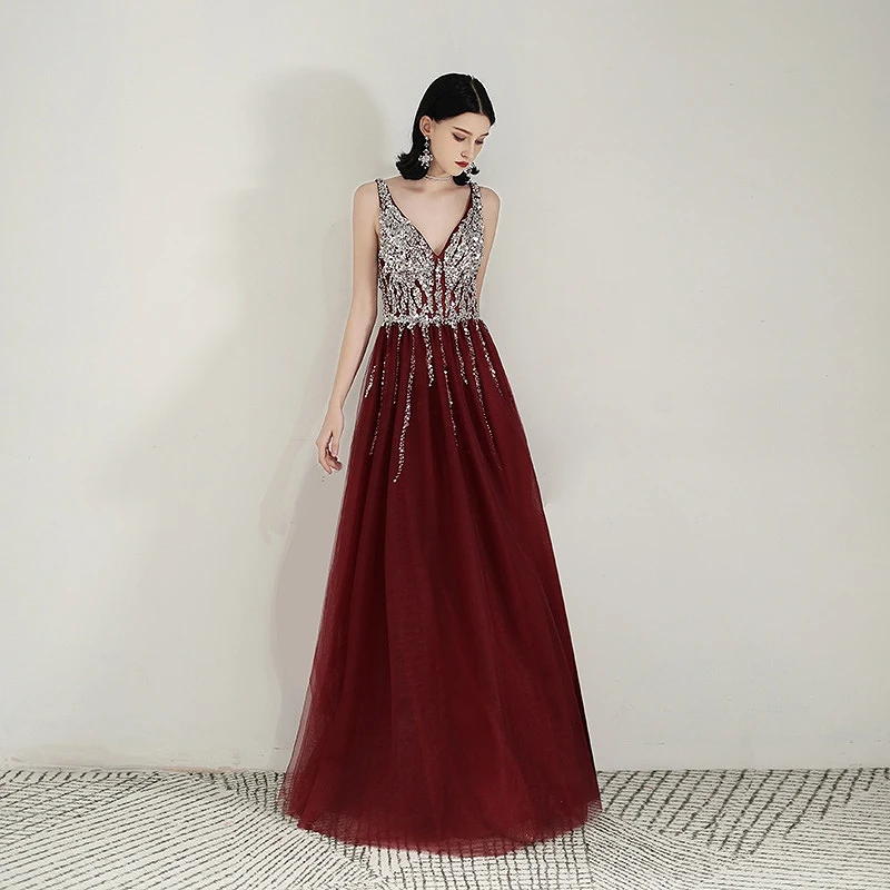 

Luxury Burgundy Evening Dresses A-Line V-Neck Shiny Sequins Beads Sleeveless Ceremony Cocktail Formal Party Guest Prom Gowns New