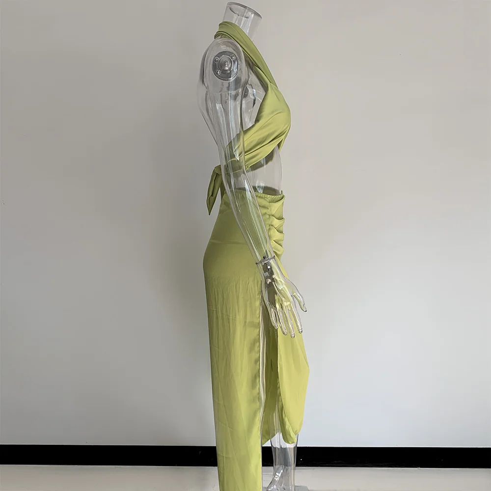 Ruched Backless Satin Sexy Two Piece Set Women High Split Midi Skirt With Halter Top Party Vacation Outfits Dresses Summer 2021
Ruched Backless Satin Sexy Two Piece Set Women High Split Midi Skirt With Halter Top Party Vacation Outfits Dresses Summer 2021