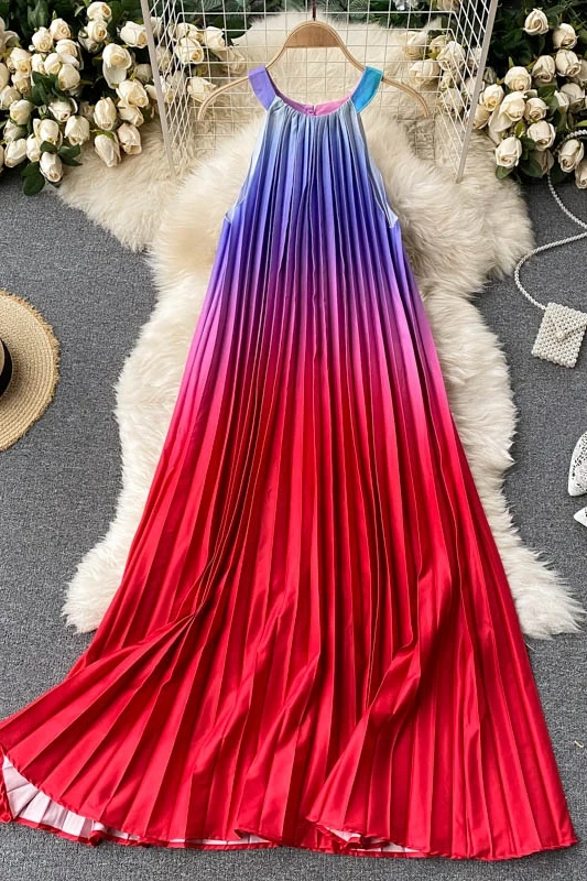 2021 net red temperament dress round neck hanging neck rainbow color gradient pleated loose and thin fairy skirt
2021 net red temperament dress round neck hanging neck rainbow color gradient pleated loose and thin fairy skirt