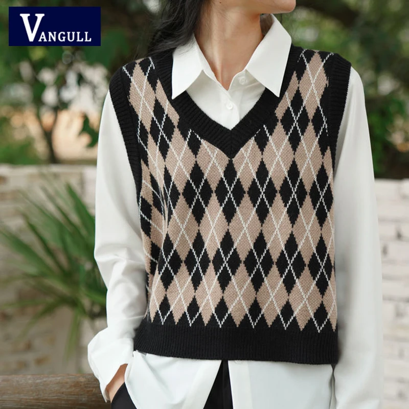 

Vangull винтажный клетчатый свитер с узором в виде ромбиков, жилет для женщин, весна-осень, новинка, хаки, v-образный вырез, тонкие короткие пулов...