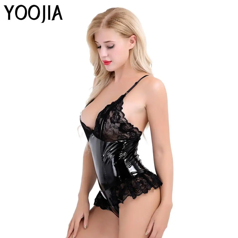 Womens femme Bustier Lingerie latex catsuit Leather Ruffle Lace Bra Hole Patchwork Bodysuit Slim Clubwear Parties Costumes
Womens femme Bustier Lingerie latex catsuit Leather Ruffle Lace Bra Hole Patchwork Bodysuit Slim Clubwear Parties Costumes