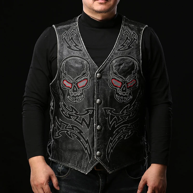 Rock Punk Style Motorcycle Leather Vest Luminous Skull Top Layer Cowskin V-neck Leather Waistcoat
Rock Punk Style Motorcycle Leather Vest Luminous Skull Top Layer Cowskin V-neck Leather Waistcoat