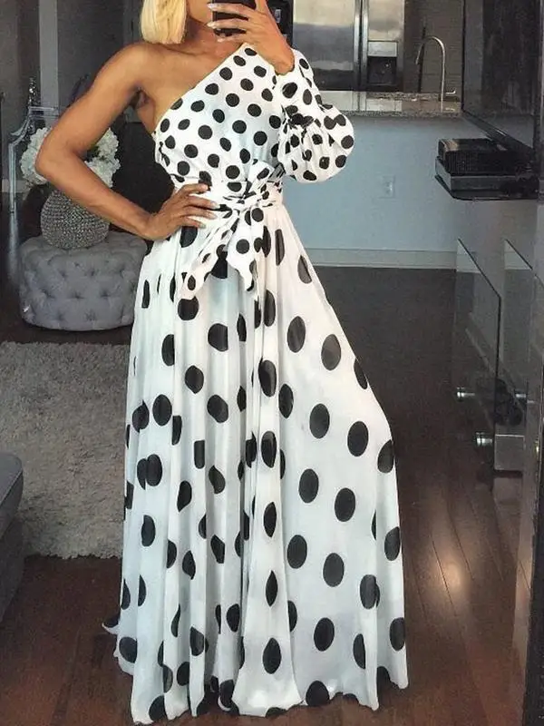 2021 European and American new style women's dress one-shoulder sleeve polka-dot slim long dress
2021 European and American new style women's dress one-shoulder sleeve polka-dot slim long dress