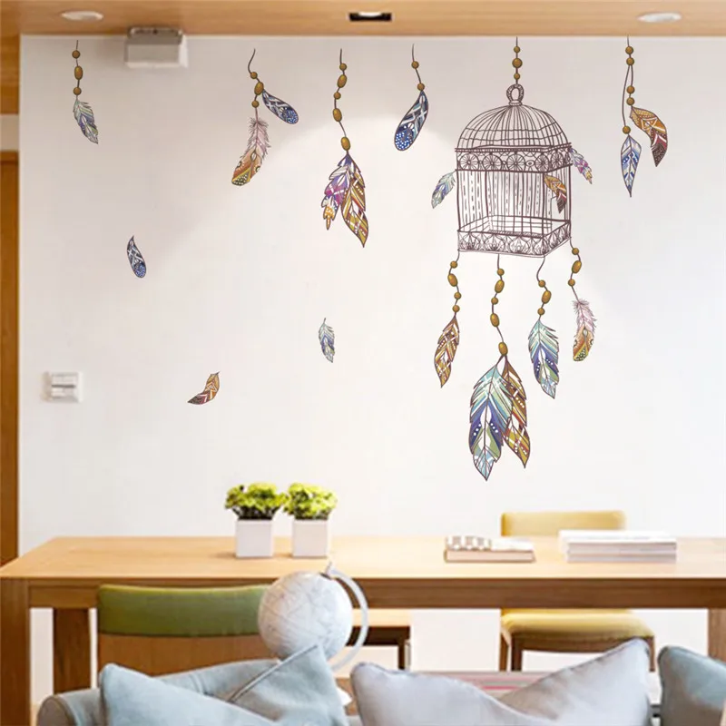 Птичья клетка красочные перья настенные наклейки спальня офис Настенный декор
