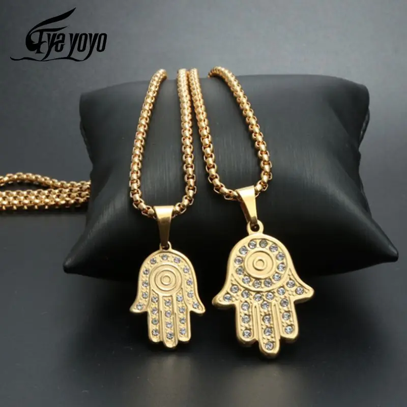 EyeYoYo Iced Out Хамса рука Фатима кулон Пальма ожерелье стальная цепочка Золотой Цвет