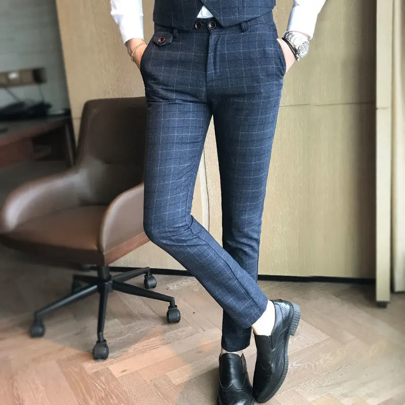 Brand suit men's 2020 classic check 3 Piece Set luxury fashion Men's blue tuxedo boutique men groom wedding dress | Мужская