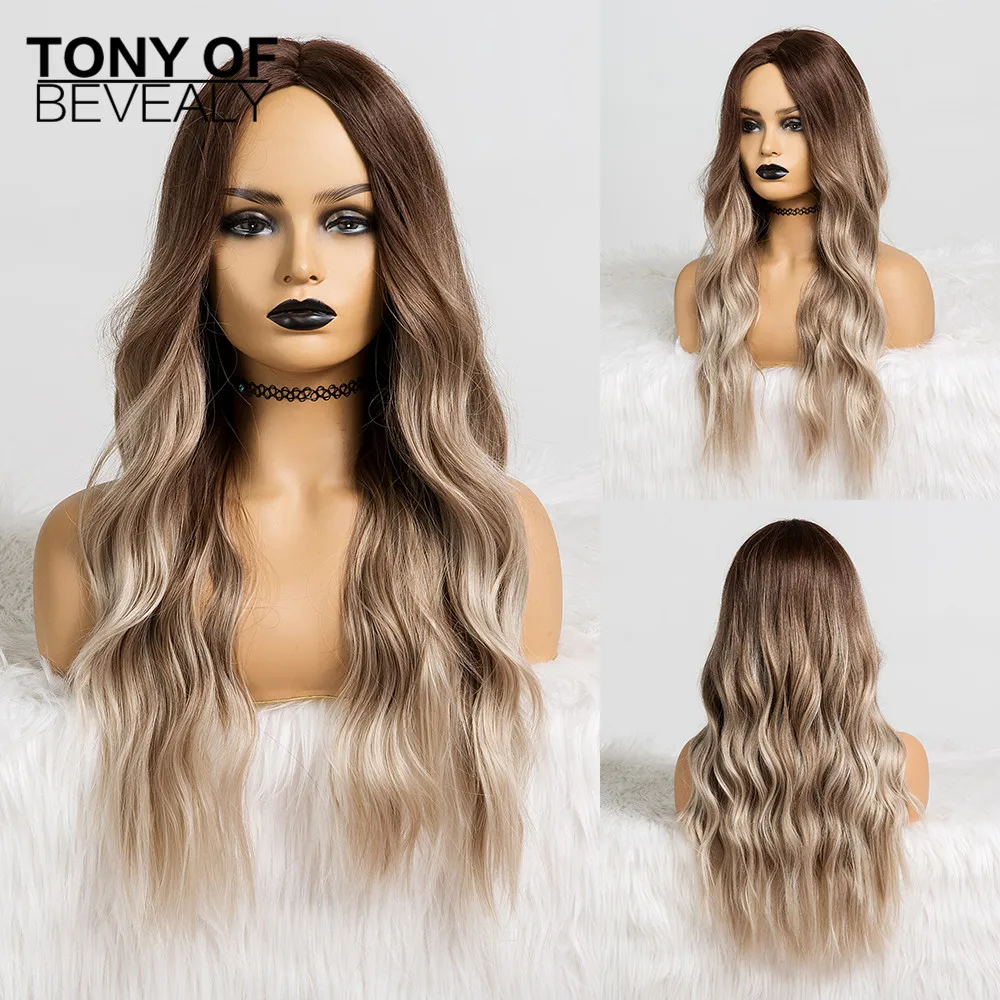 

Длинные волнистые парики средняя часть Омбре пепельно-коричневый синтетические парики для черных женщин Coaplay натуральные волосы парики Те...
