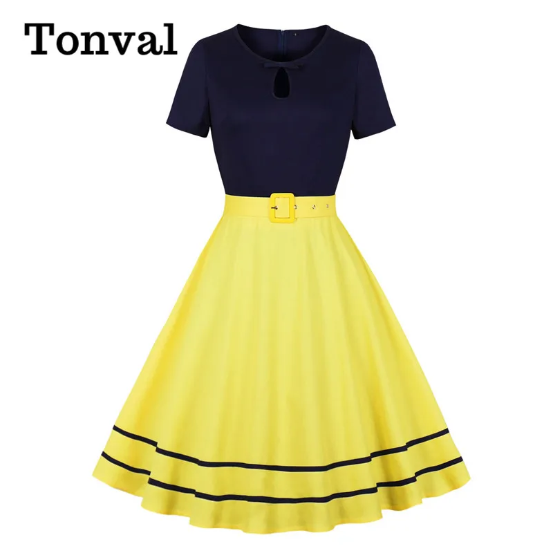 

Tonval Navy Blue and Yellow Two Tone Elegant Vintage Dress 95% Cotton Women Keyhole Front Swing Midi Dress with Belt