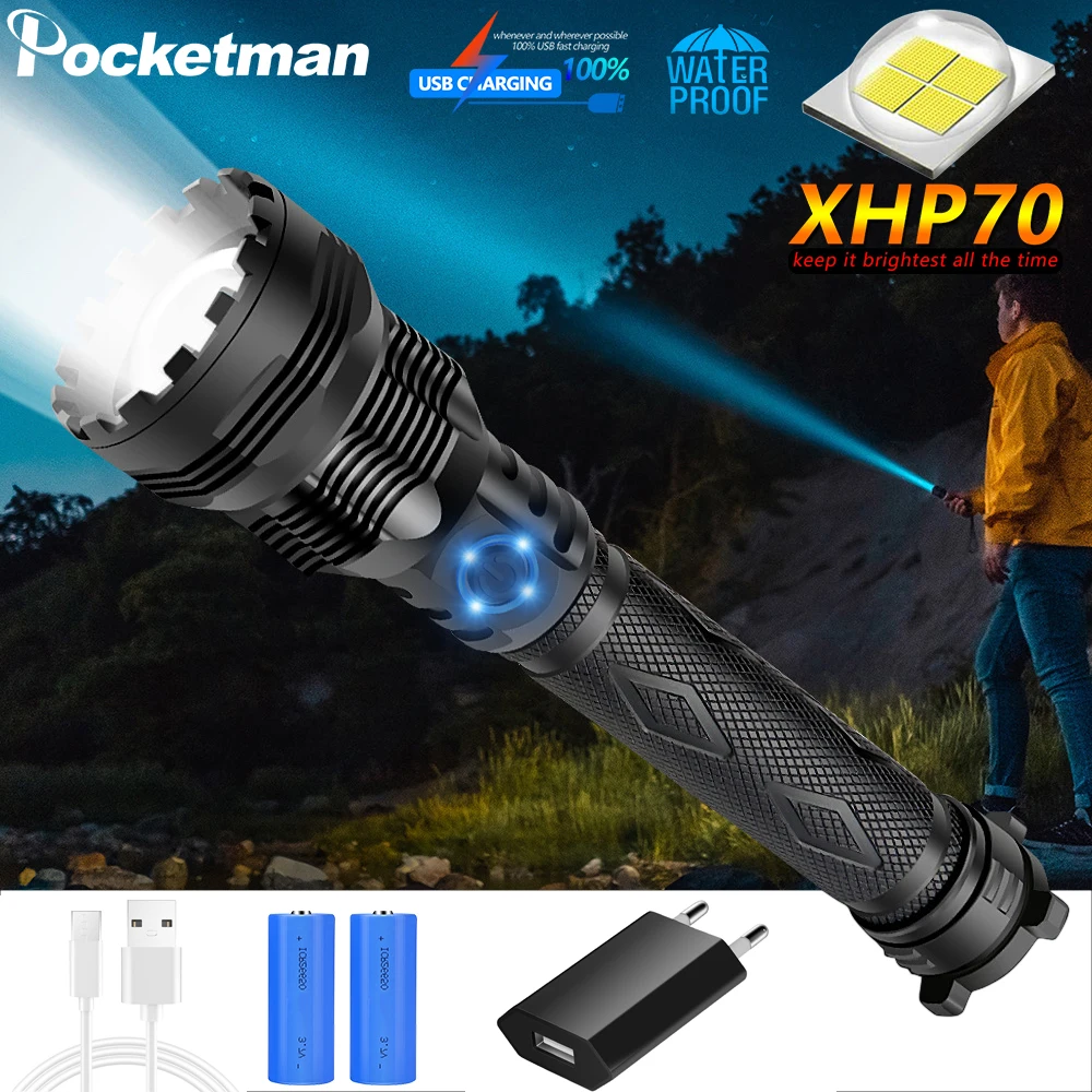 Светодиодный фонарь XHP70 сверхмощный тактический с зумом USB XHP50 перезаряжаемый