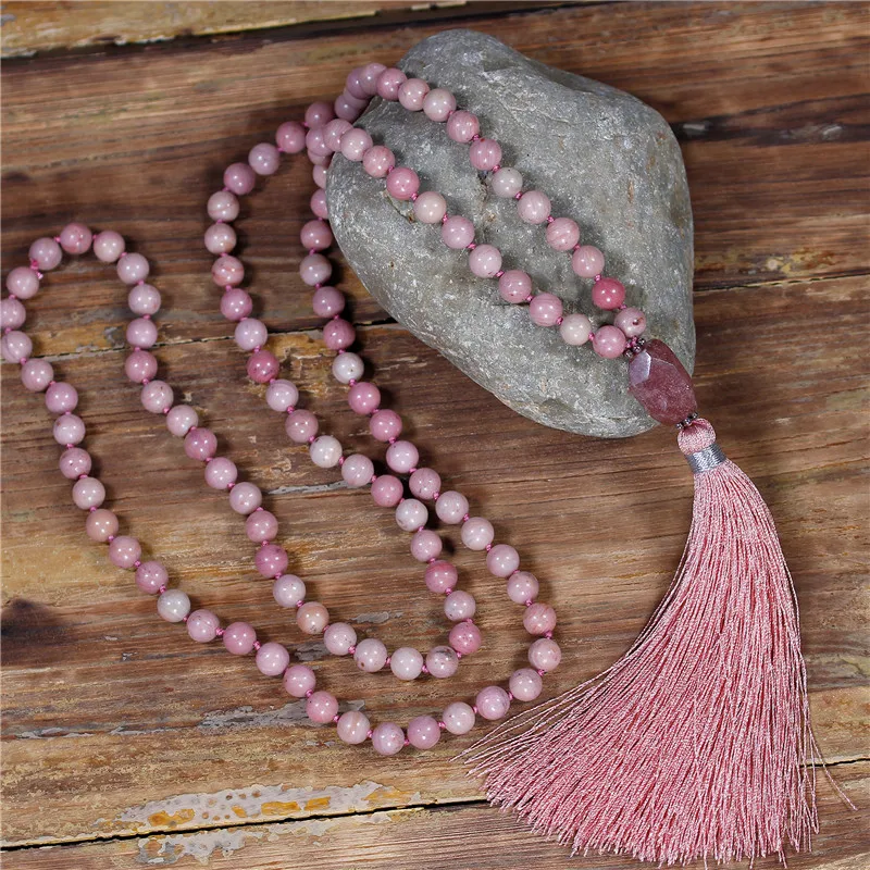 

YueTong 108 Beads Mala Tassel Necklace 8MM Rhodonite Beaded Knotted Yoga Necklace Bohemia Meditation Necklace Dropship Jewelry