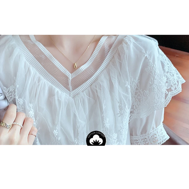 Blusas Summer V-neck Blouse 2021 New Loose Ruffled Patchwork Lace Short Sleeve Blouses Women Sweet Elegant Shirt Clothes 14288
Blusas Summer V-neck Blouse 2021 New Loose Ruffled Patchwork Lace Short Sleeve Blouses Women Sweet Elegant Shirt Clothes 14288