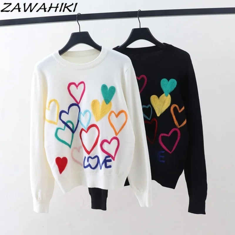 ZAWAHIKI Full Sleeve Pullovers Woman Heart Embroidery Autumn Sweet Sweaters O Neck Loose Casual Rainbow Color Knit Tops
ZAWAHIKI Full Sleeve Pullovers Woman Heart Embroidery Autumn Sweet Sweaters O Neck Loose Casual Rainbow Color Knit Tops