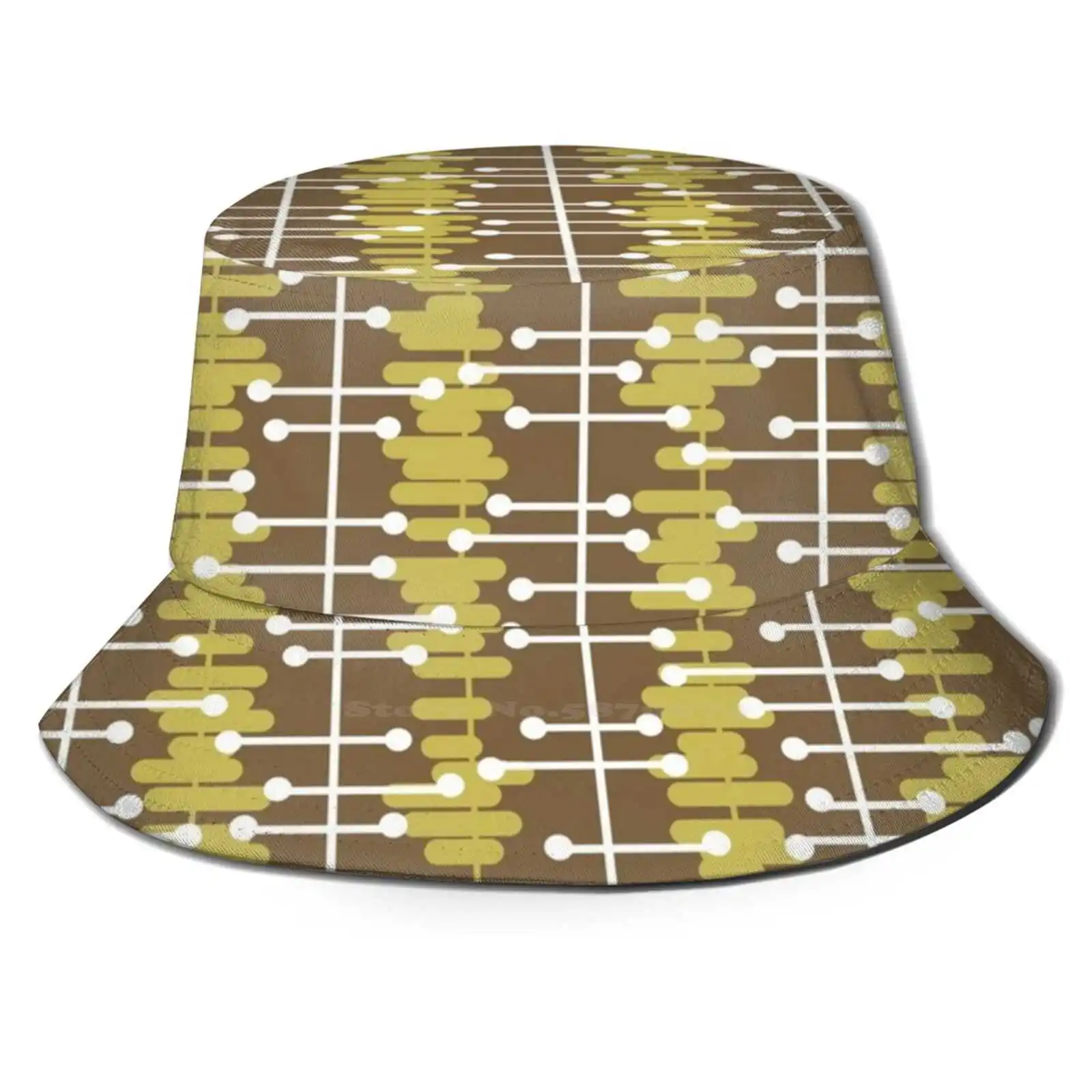 

1950s Retro Abstract Lines Brown Yellow Flat Top Breathable Bucket Hats Mid Century Modern Midcentury Modern Atomic Age Atomic