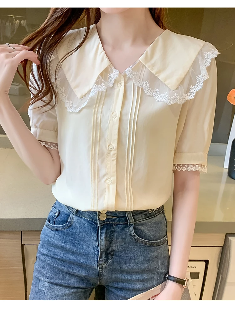 Houthion Silk Women's Blouse Short Sleeve Top Plus Size Shirt Solid New Korean Casual Fashion Chiffon Lace Blouses Lady Blusas
Houthion Silk Women's Blouse Short Sleeve Top Plus Size Shirt Solid New Korean Casual Fashion Chiffon Lace Blouses Lady Blusas