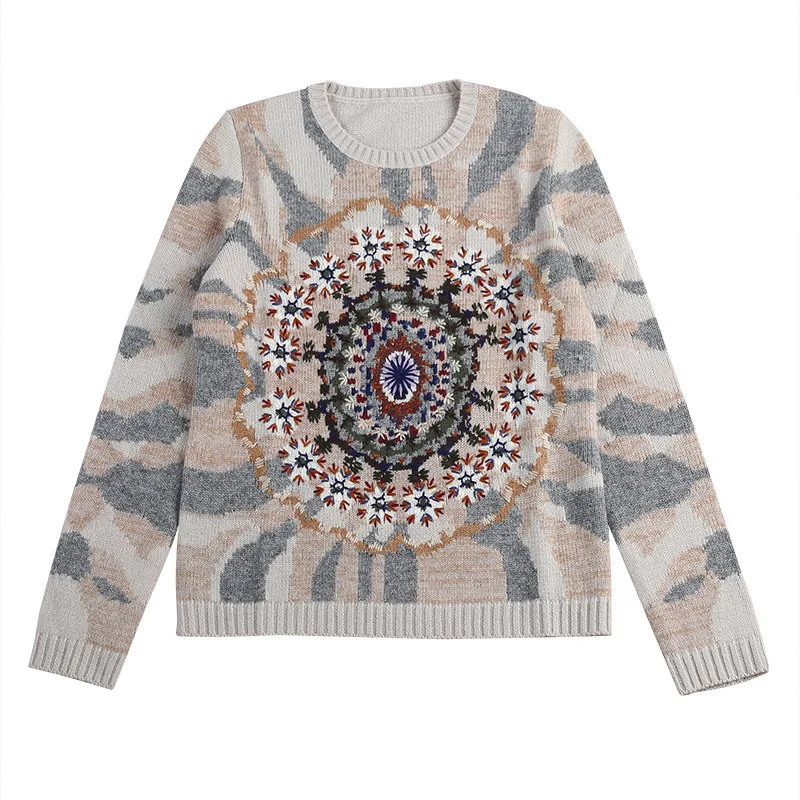 Embroidered jacquard Nordic style lazy round neck long sleeve wool and cashmere sweater blended sweater blouse
Embroidered jacquard Nordic style lazy round neck long sleeve wool and cashmere sweater blended sweater blouse
