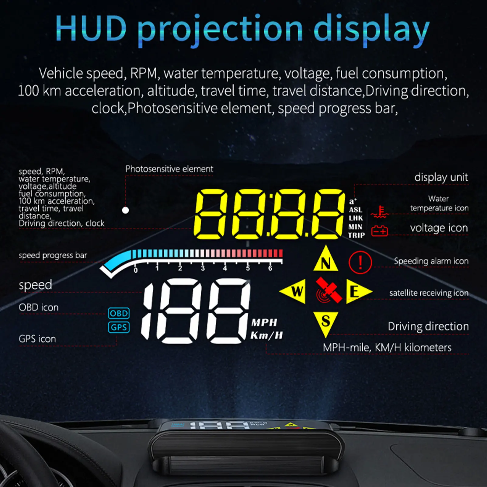 OBD2 USB GPS Head Up Display Dashboard Smart HUD Car 3.5 Inch RPM Speed Projector Temperature Speedometer Anti Fatigue Alarm 
OBD2 USB GPS Head Up Display Dashboard Smart HUD Car 3.5 Inch RPM Speed Projector Temperature Speedometer Anti Fatigue Alarm